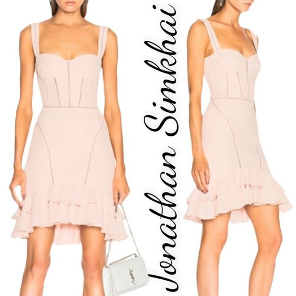JONATHAN SIMKHAI Powder Pink Bustier Ruffle Wool Blend Mini Dress, Size 4 - Picture 10 of 10